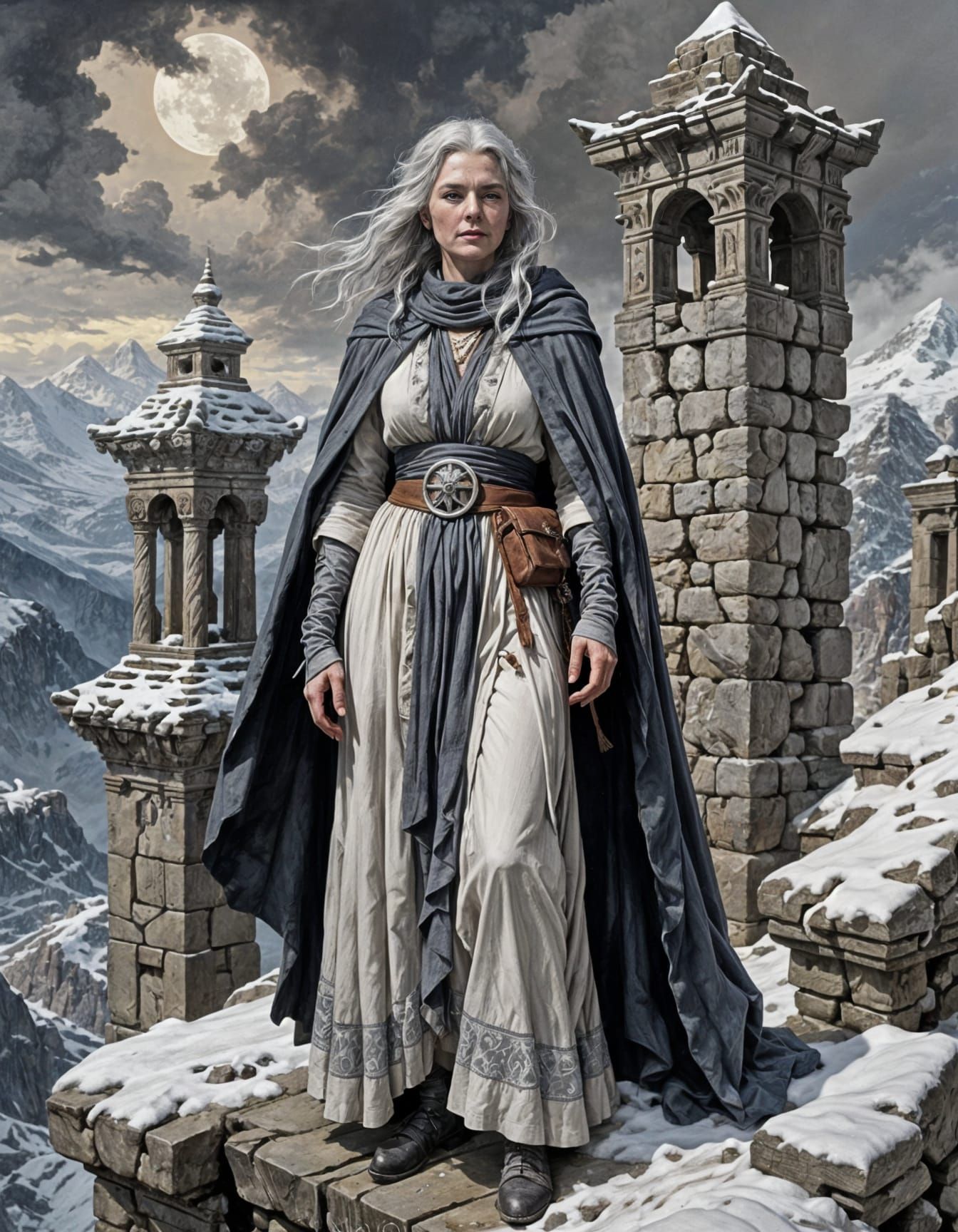 Realistic Winter Portrait of a Grey Haired Witch in a Ruined...
