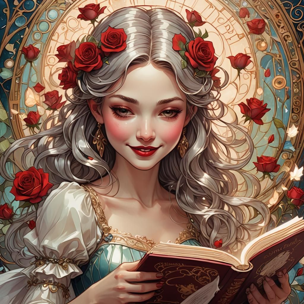 Fairy Girl Reading Book in Art Nouveau Style