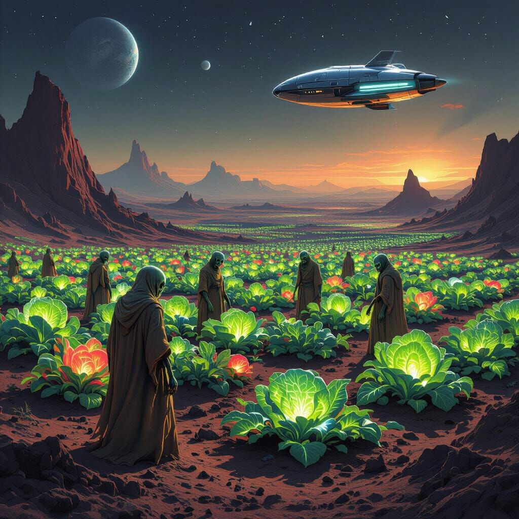 Bioluminescent Alien Garden on Broken Planet in Sci-Fi Style