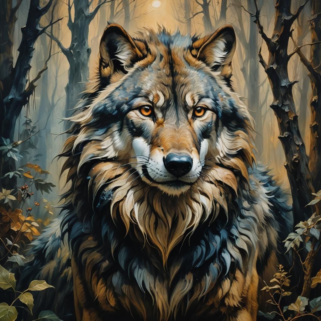 Surreal Wolf in Mystical Forest, Oil Painting