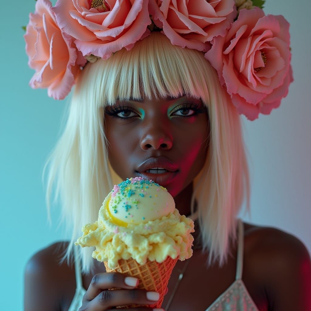 Black woman with platinum blonde hair and flower crown, hold...