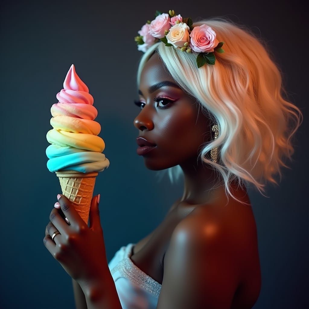 Black woman with platinum blonde hair and flower crown, hold...