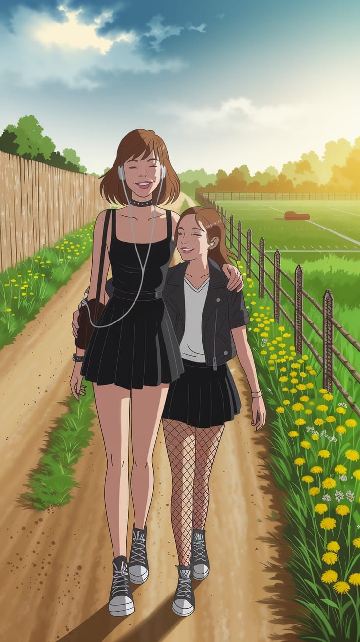 Girls Walking on a Sunlit Countryside Road with Wildflowers ...