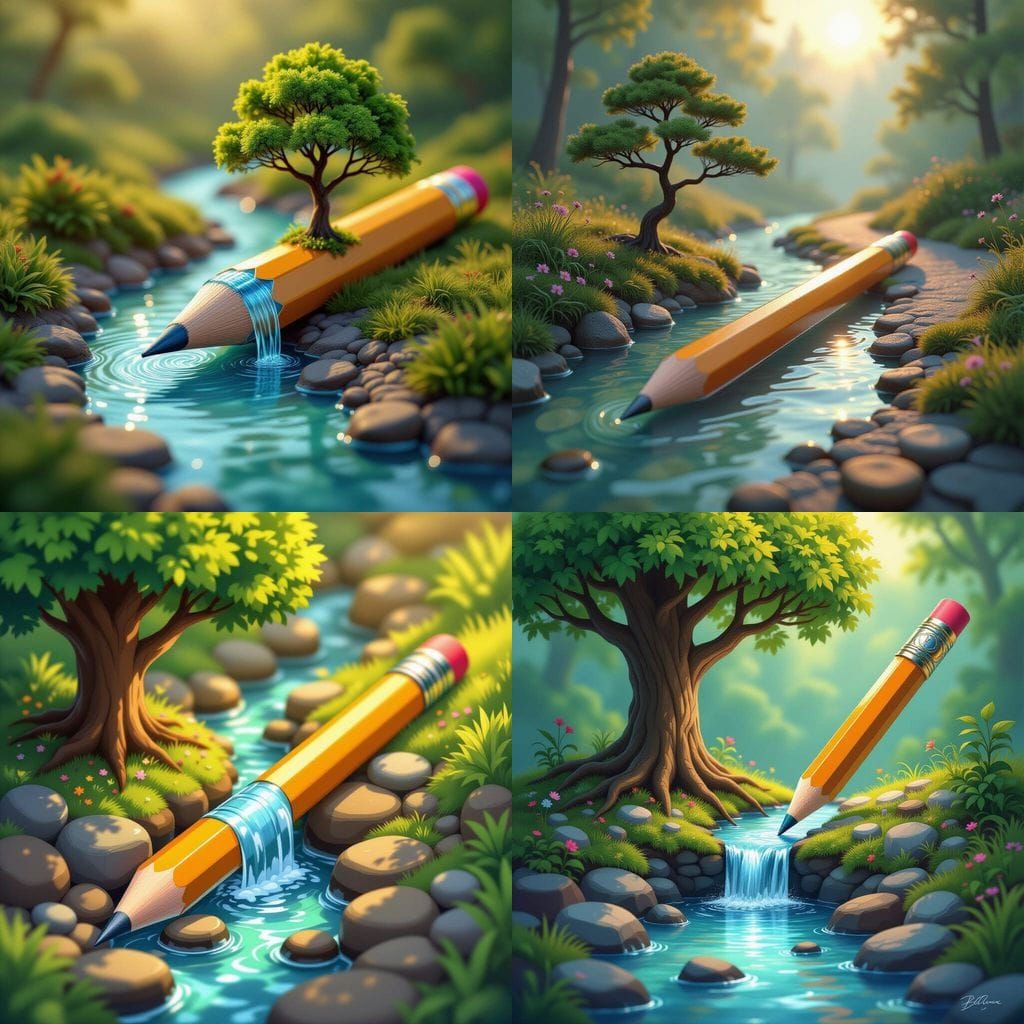 Creative Concept Art: Pencil With Stream and Tree