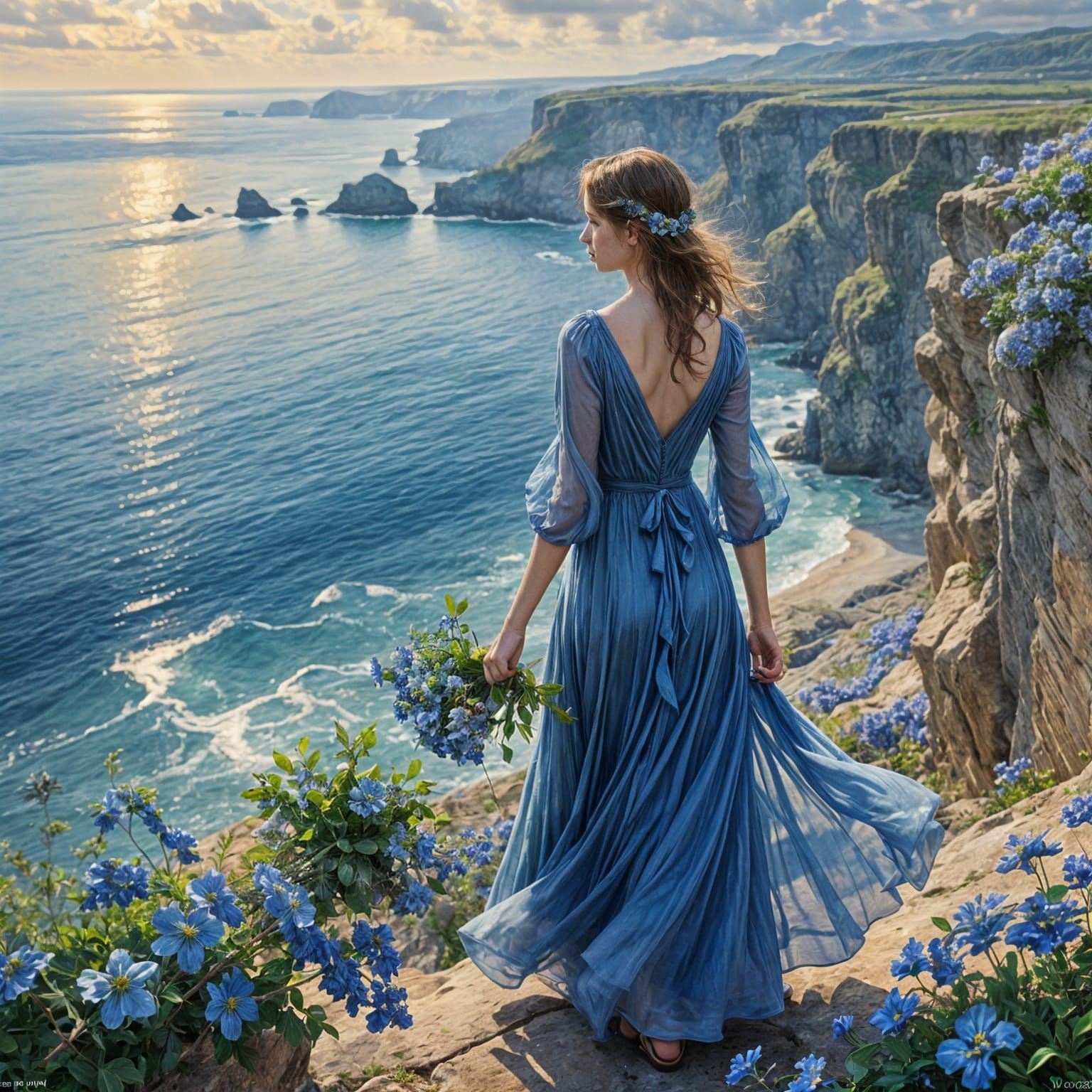 Woman with Flowers Overlooking Ocean, Impressionistic Style