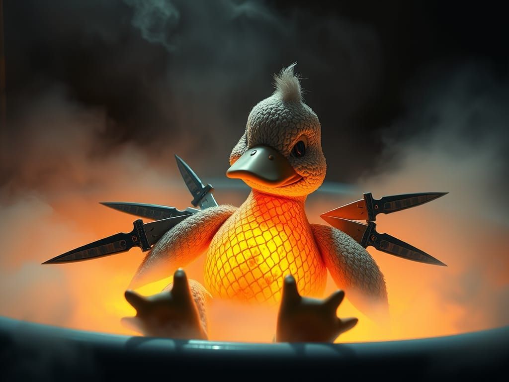 Menacing Stuffed Duck with Blades in Foggy Bathtub