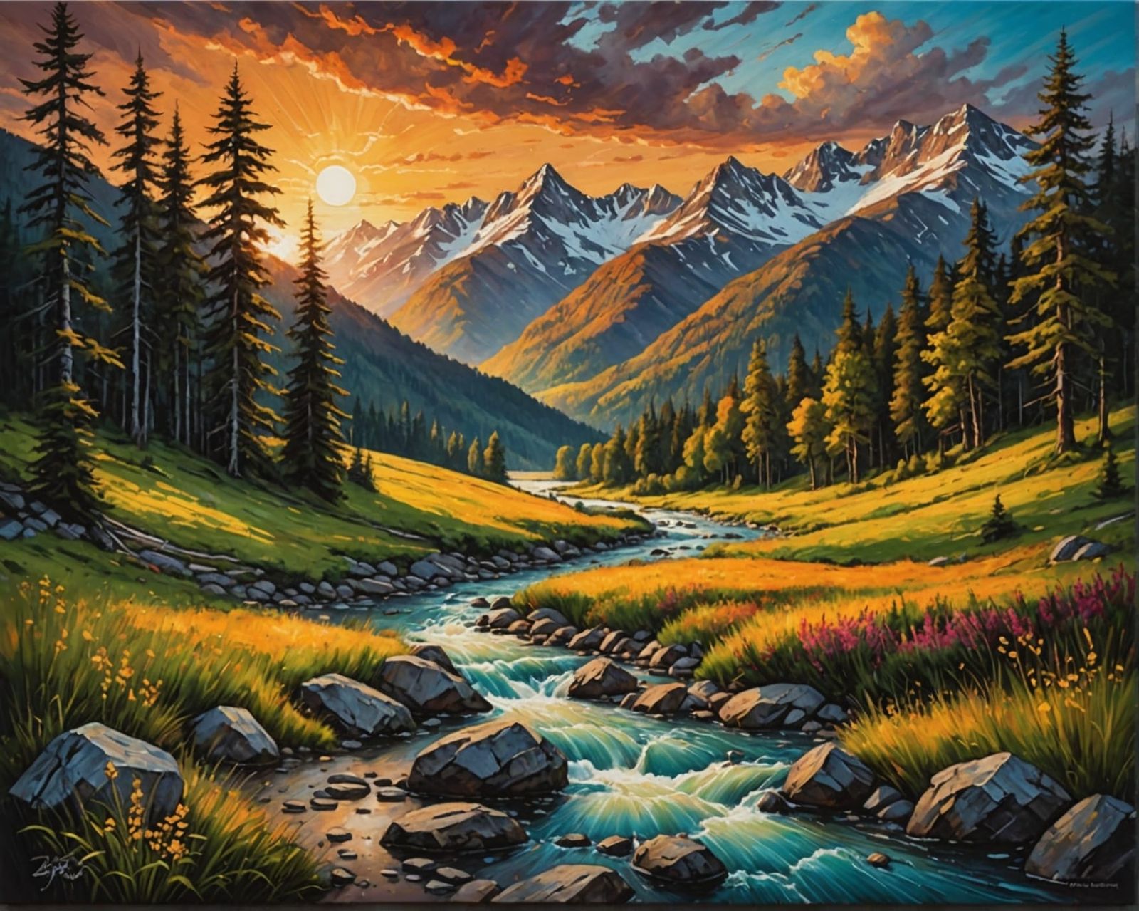 Scenic Acrylic Painting of Forested Hills