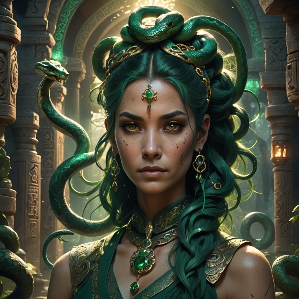 Mystical Snake Person in Ancient Temple: Matte Painting