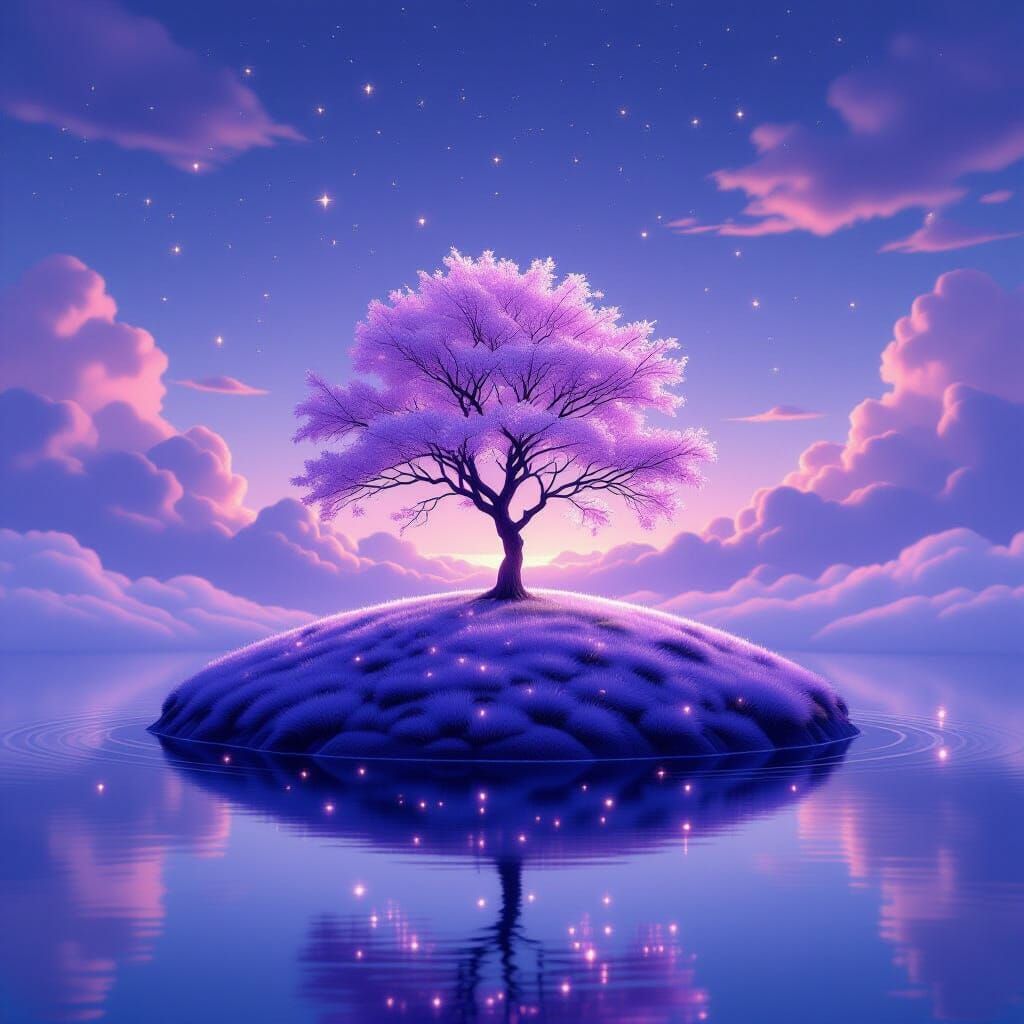 Floating Island at Lavender Dusk with Drifting Cherry Blosso...