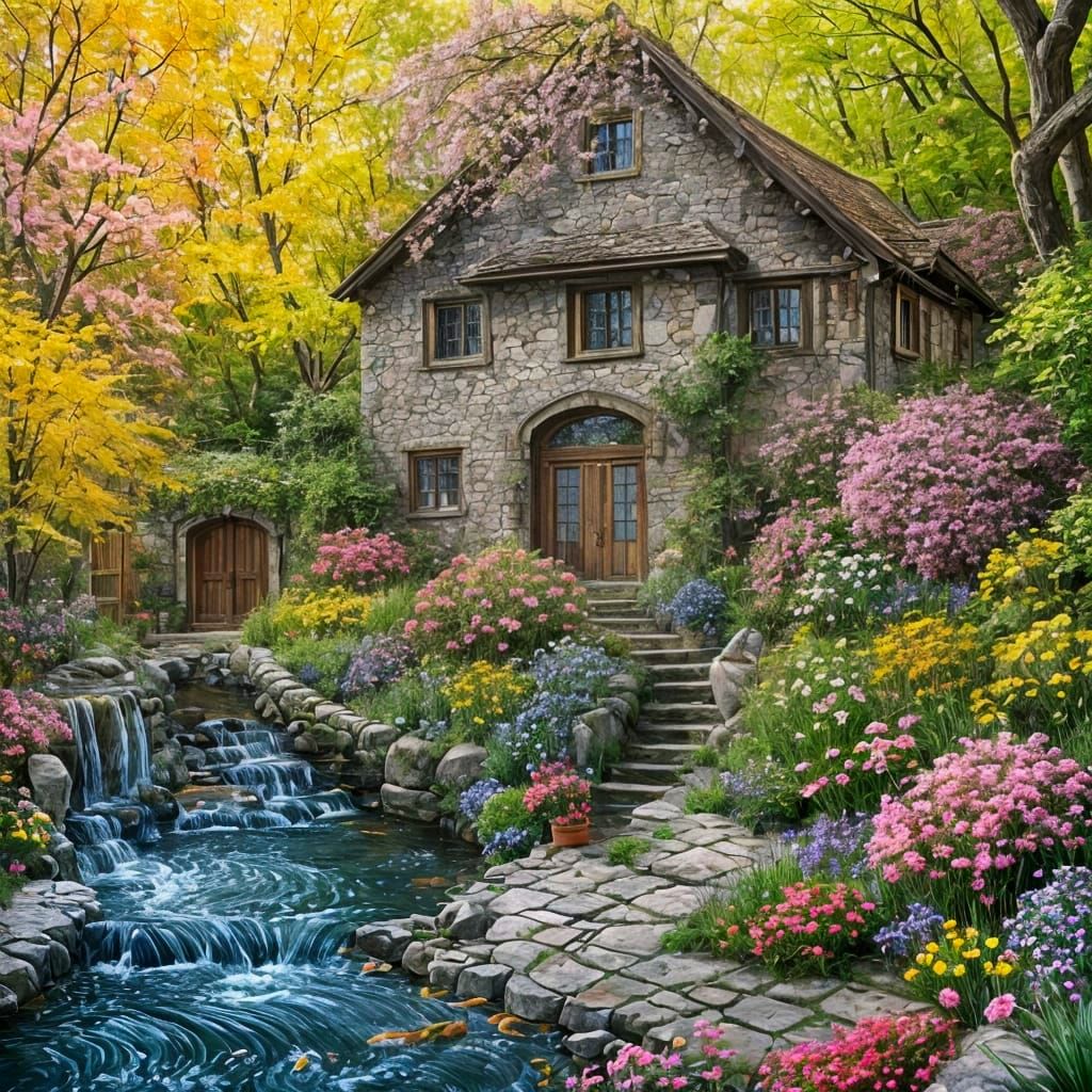 Charming Cottage Bursting with Blooms as an Oil Painting