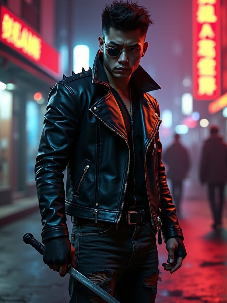 Punk Warrior with Knife in Dark Urban Setting