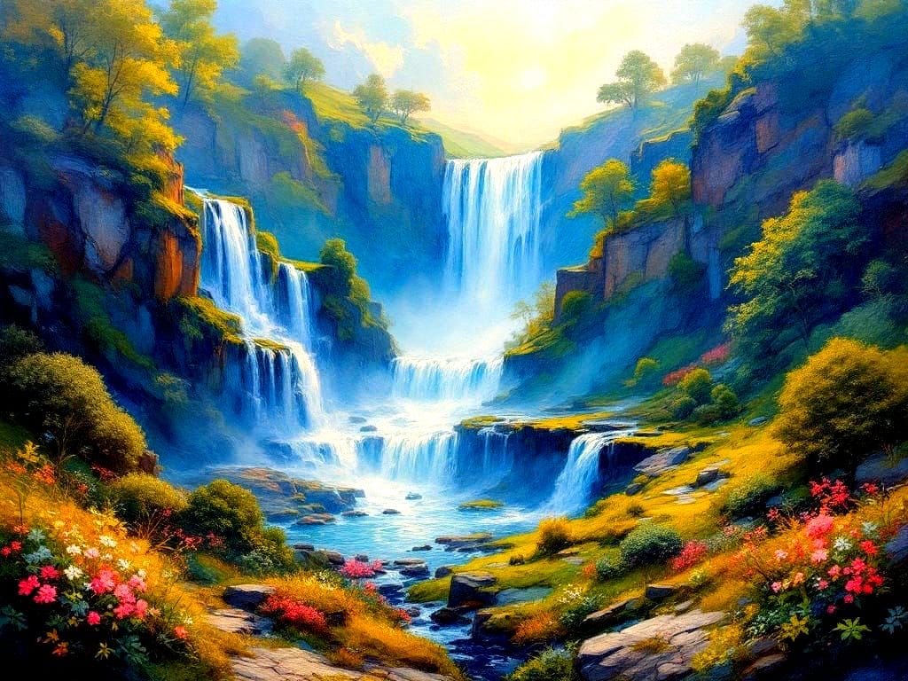 Cascading Waterfall in Expressionist Impasto Style