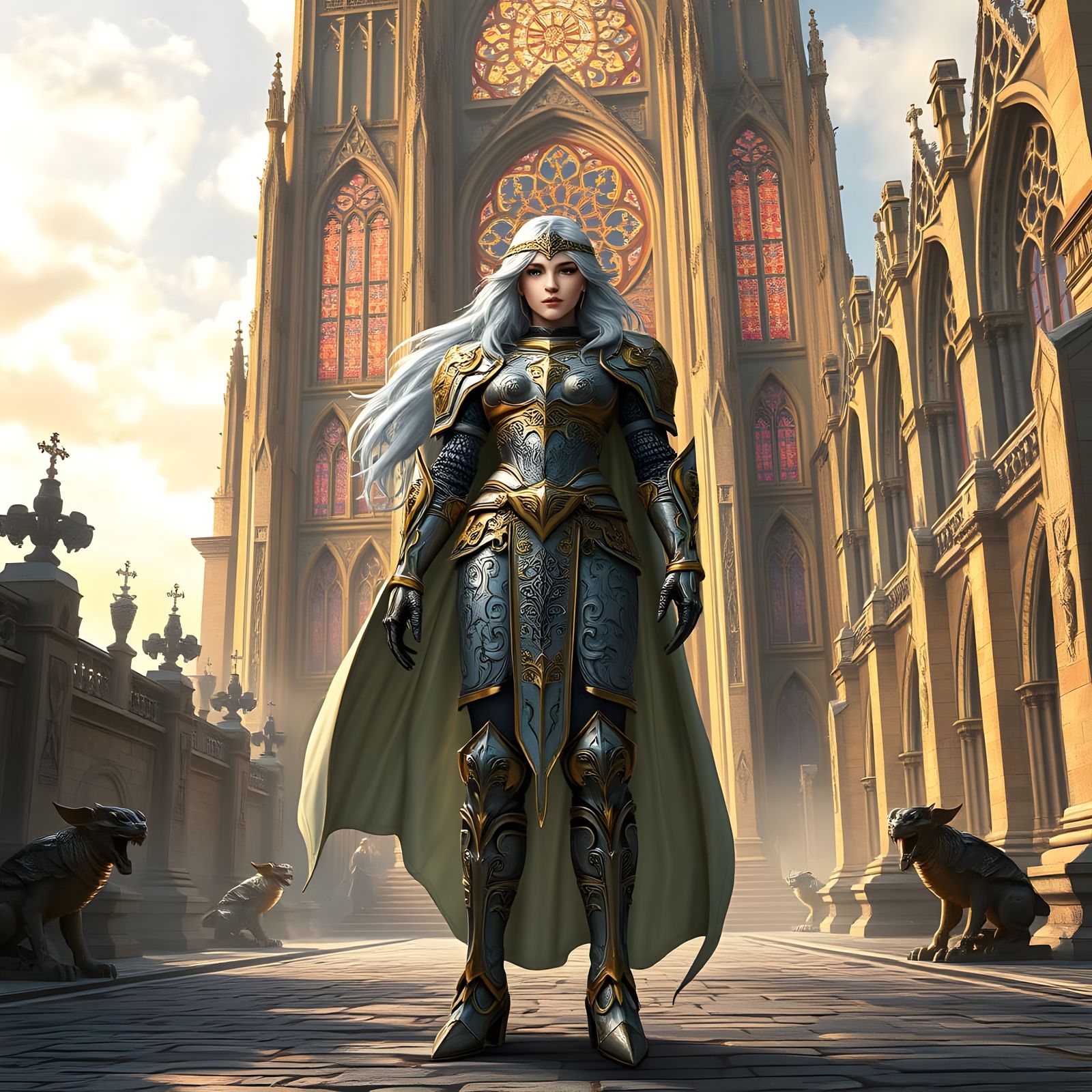 Ethereal Female Paladin in Gothic Cathedral Courtyard