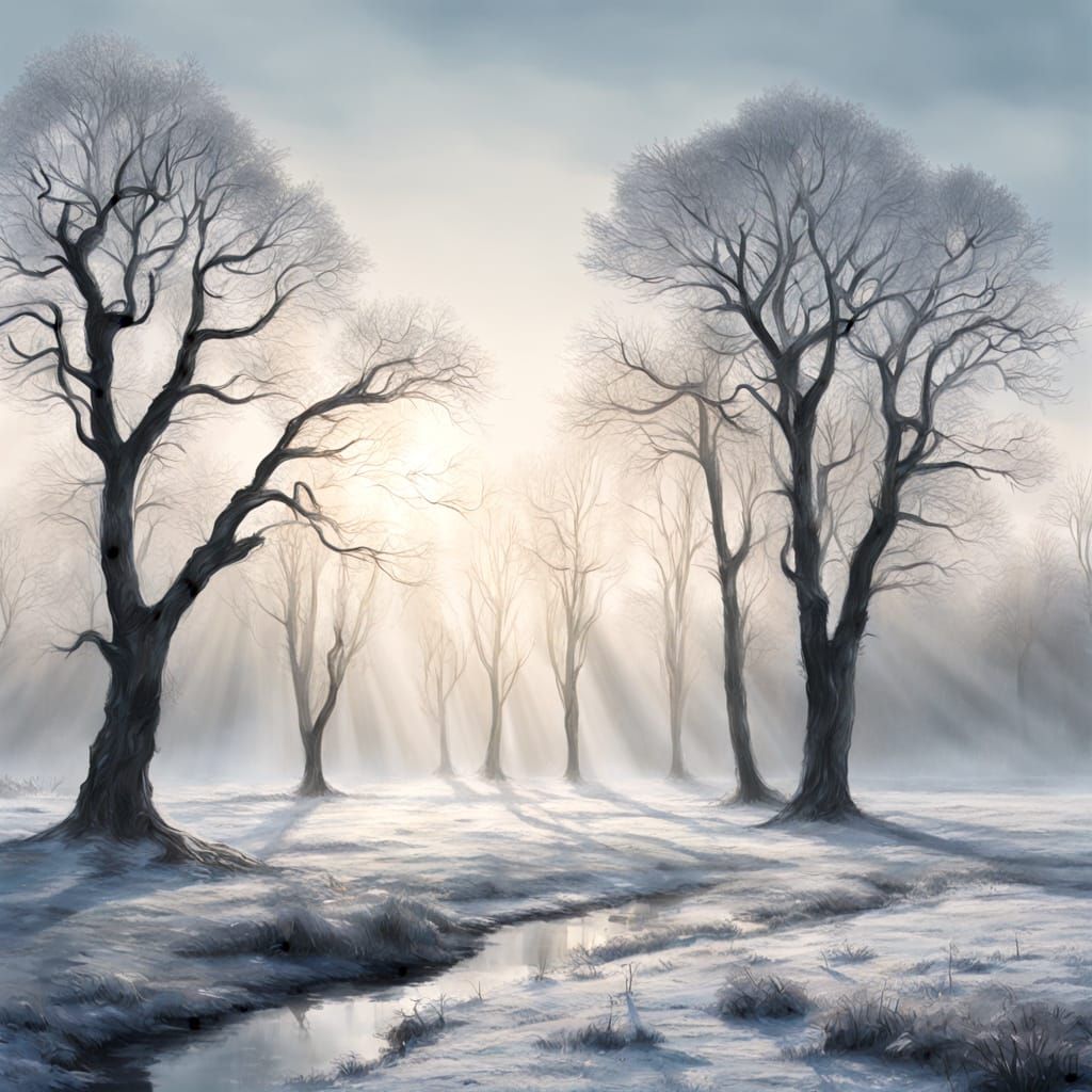 Serene Winter Landscape with Frosty Trees and Soft Sunlight