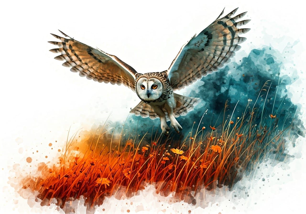 Wild Owl Flight in Dreamlike Watercolor Meadow