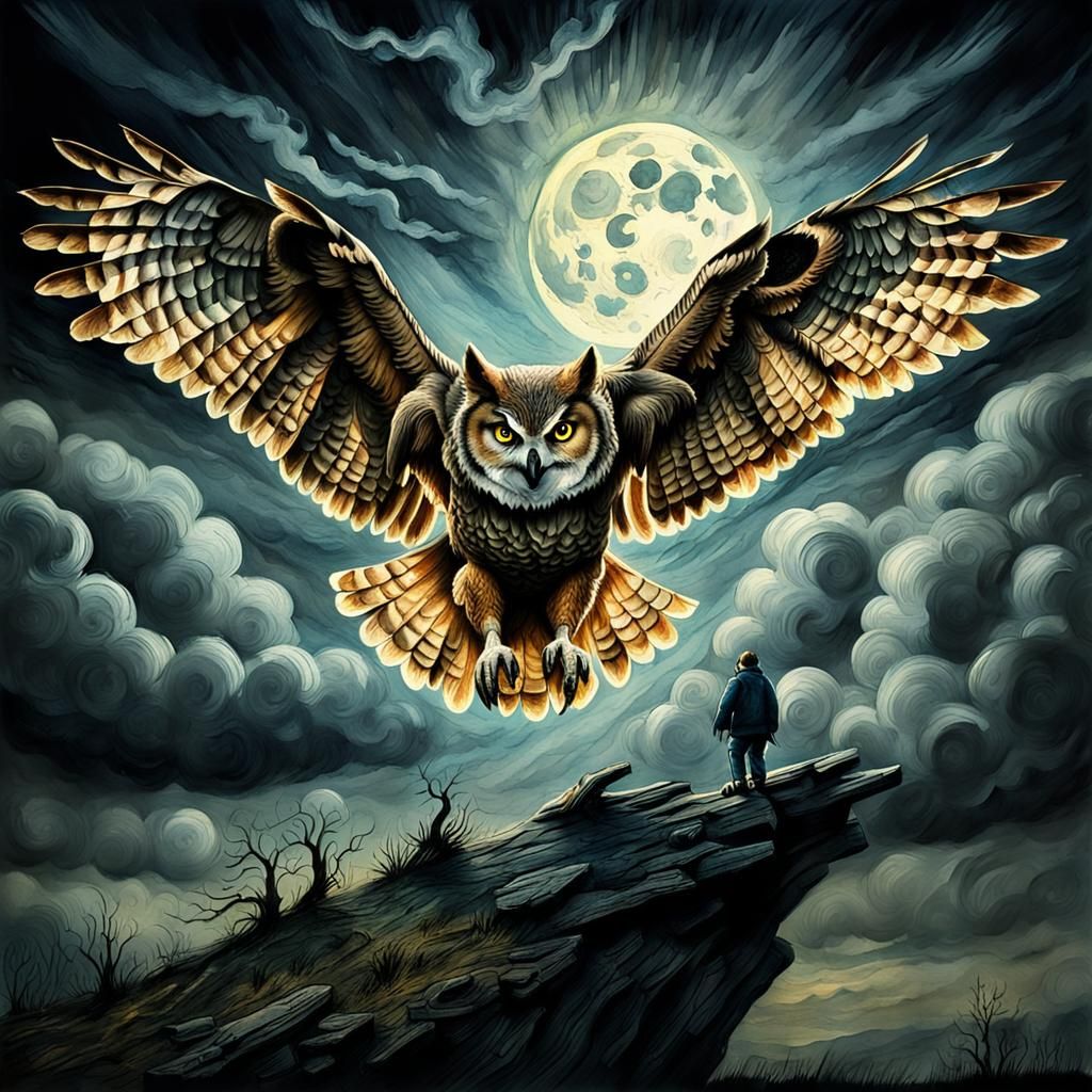 Owl and Wolf in Dramatic Watercolor Drawing