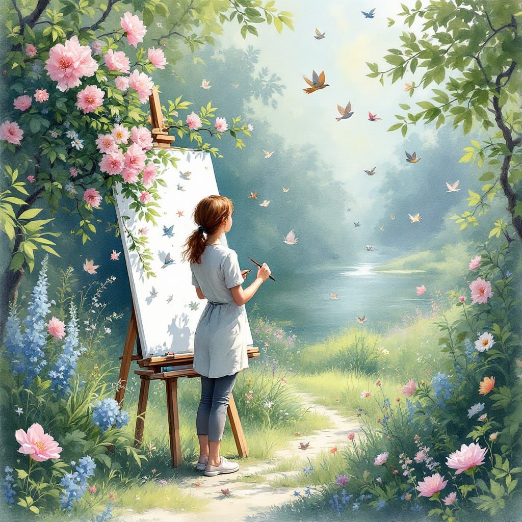 Whimsical Watercolour Artist in Dreamy Landscape