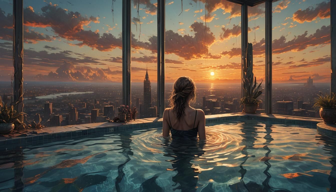 Sunset View from Submerged Pool, Detailed Matte Painting