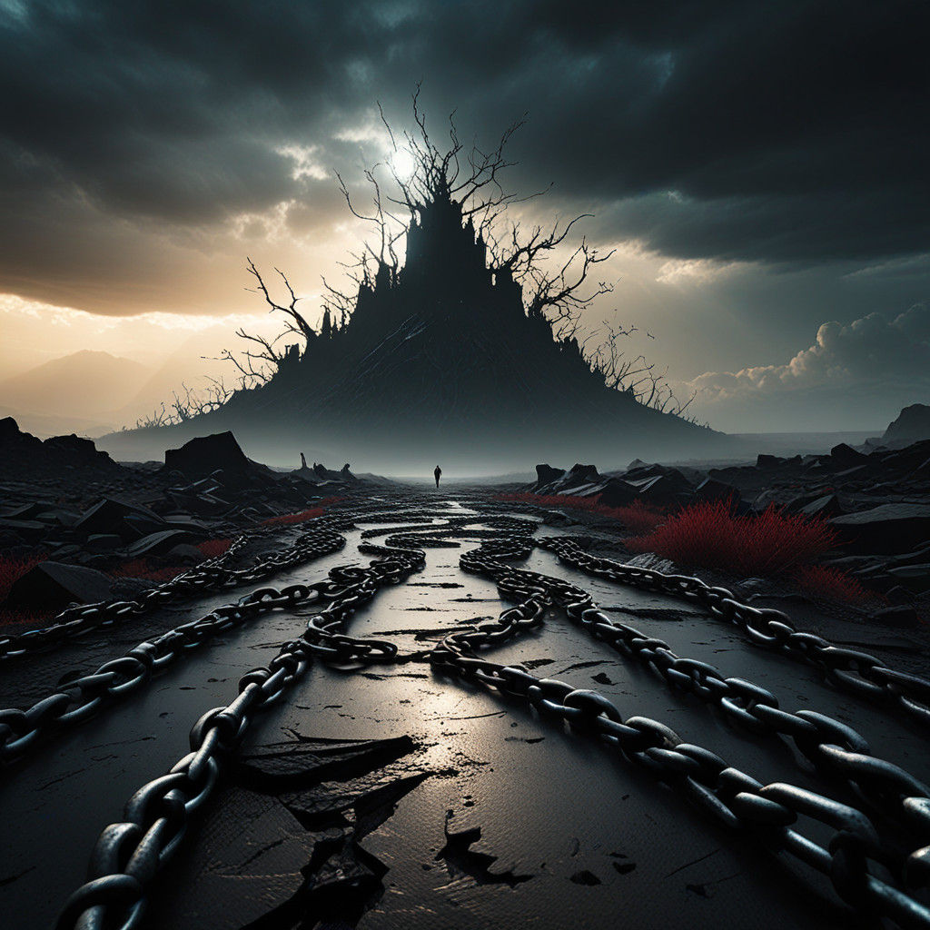 Surreal Nu-Metalcore Landscape with Emerging Stone Hand