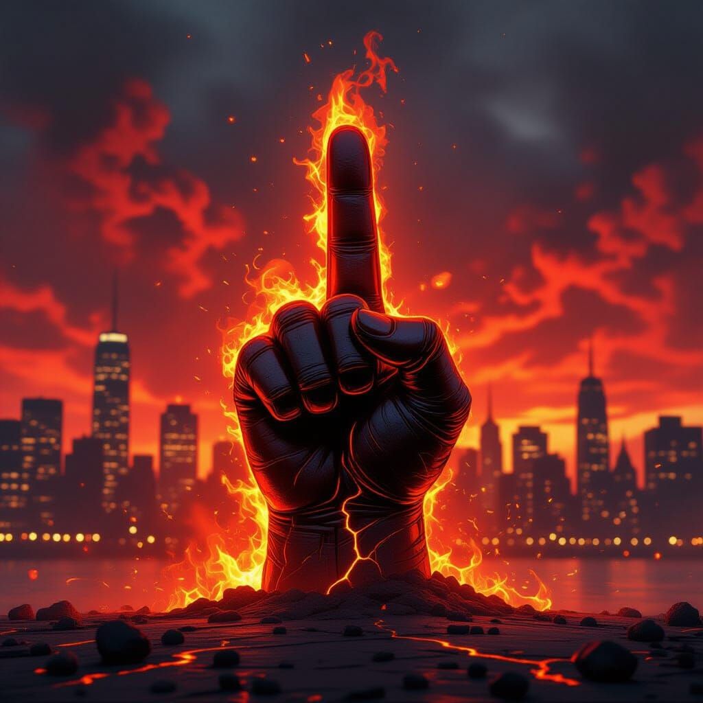 Defiant Molten Middle Finger Against Burning Skyline