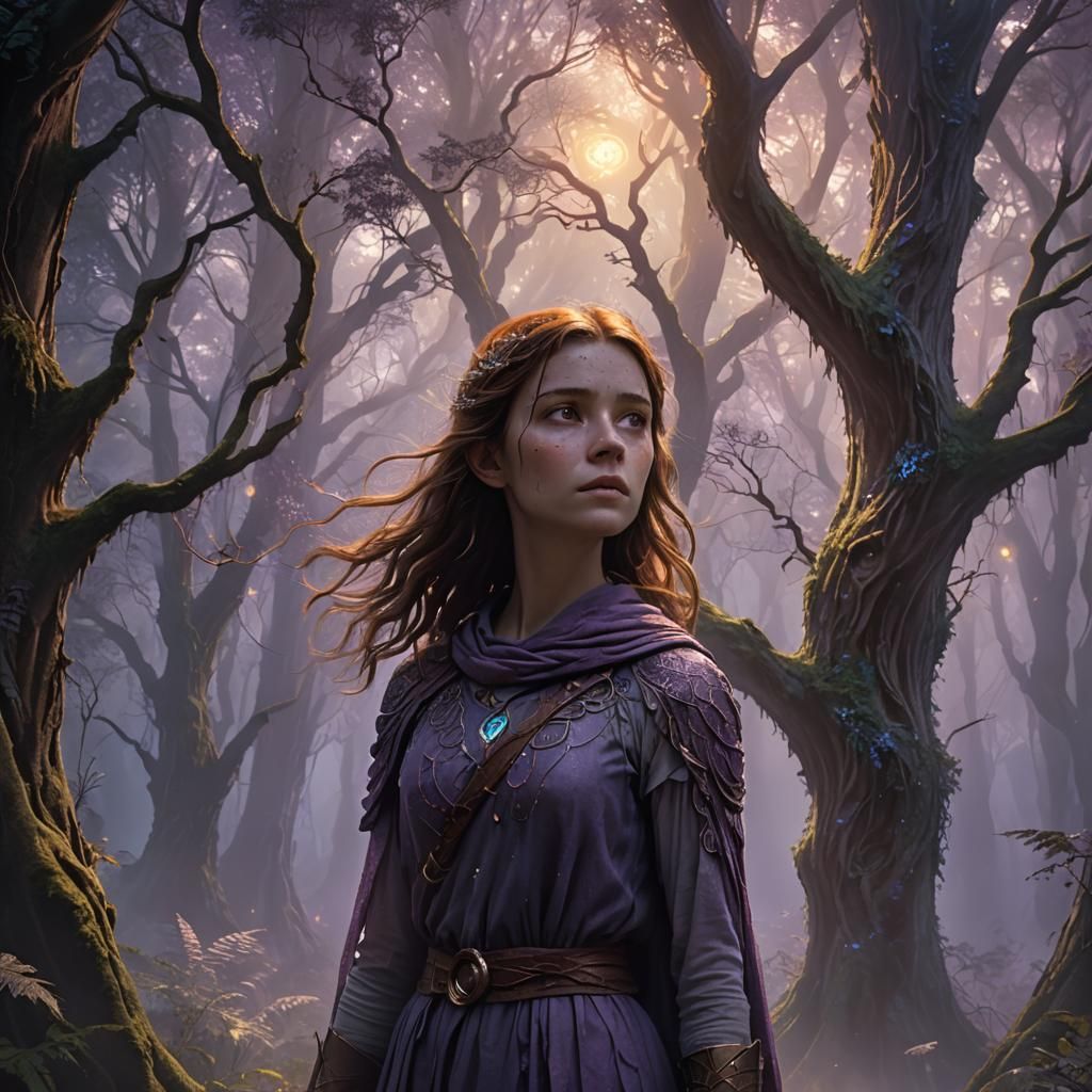 Girl and Magical Portal in Misty Forest, Fantasy Art