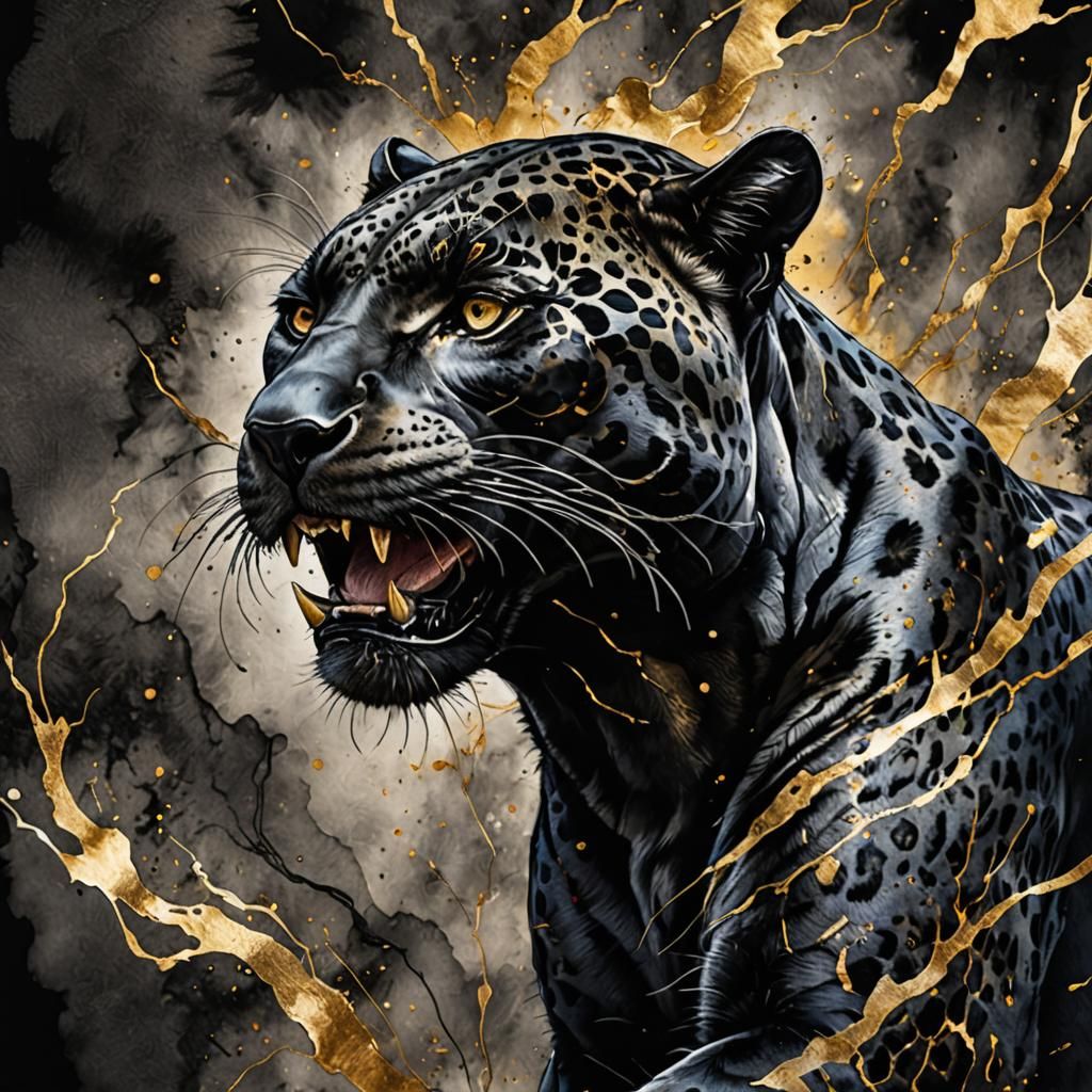 Kintsugi Jaguar in Charcoal Watercolour