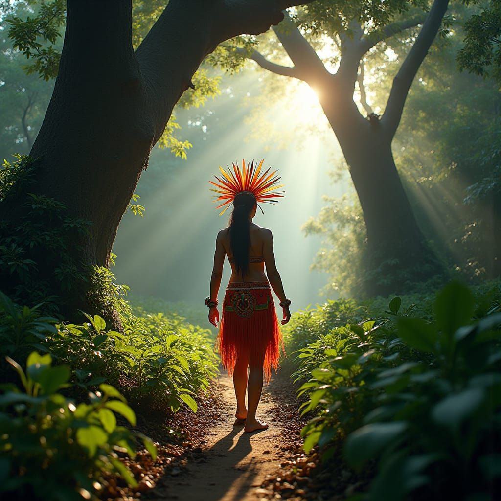 Indigenous Amazonian in Futuristic Cityscape, Digital Art