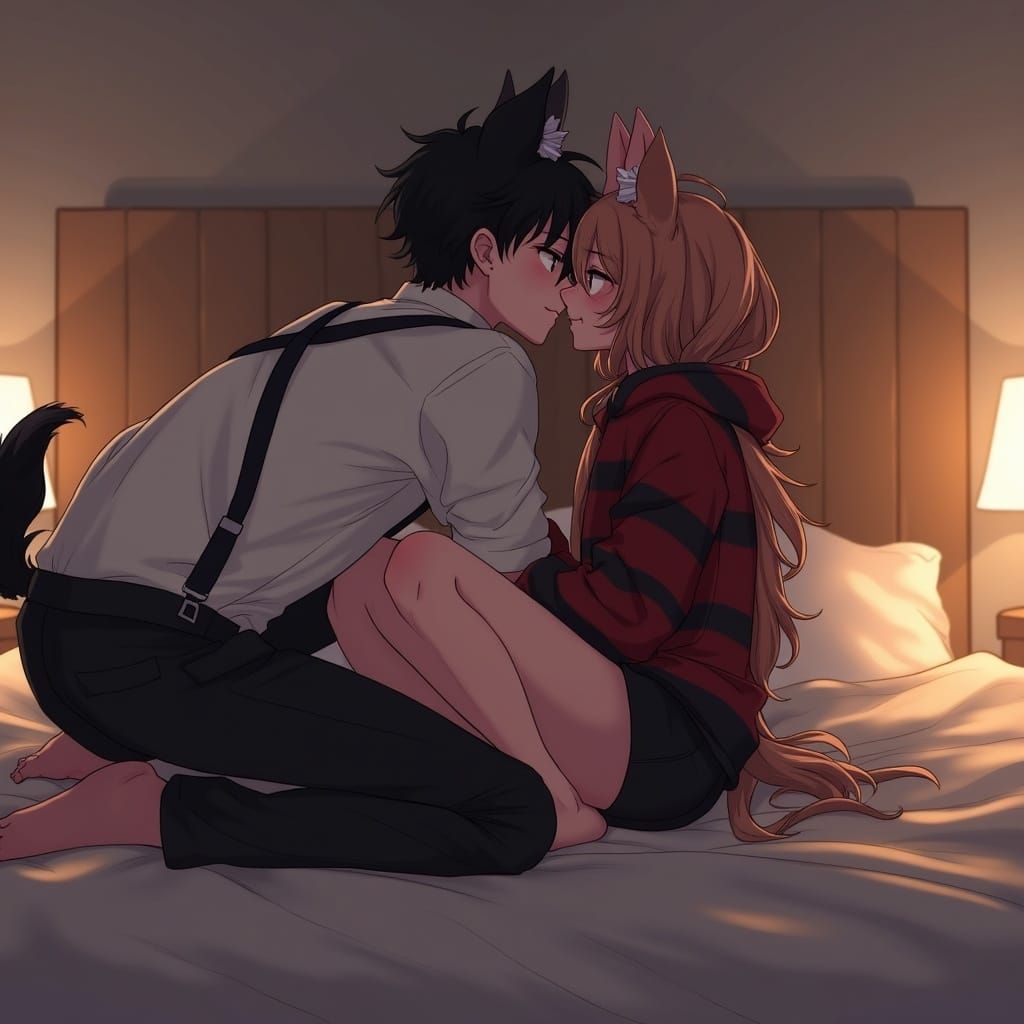 Anime Couple's Tender Moment in Soft Bedroom Light