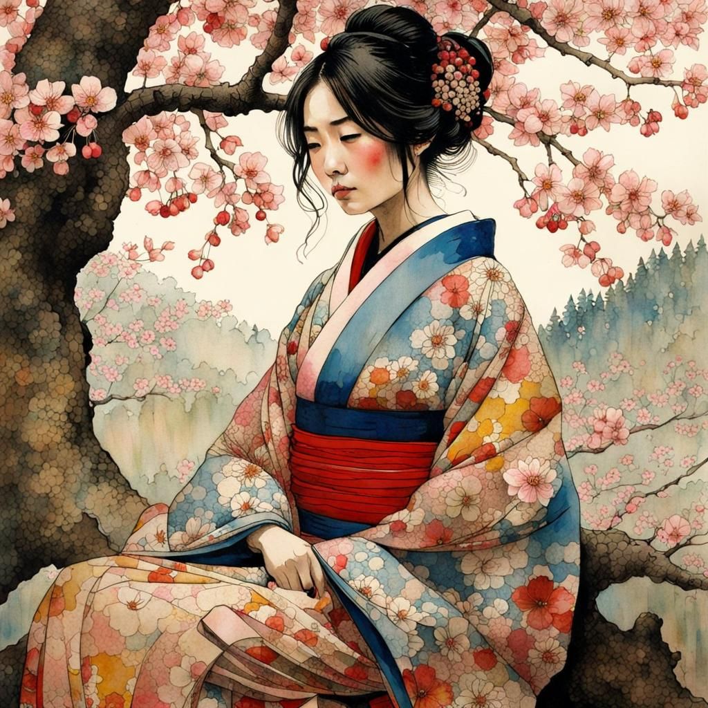 Japanese Woman in Kimono Under Cherry Blossom Tree
