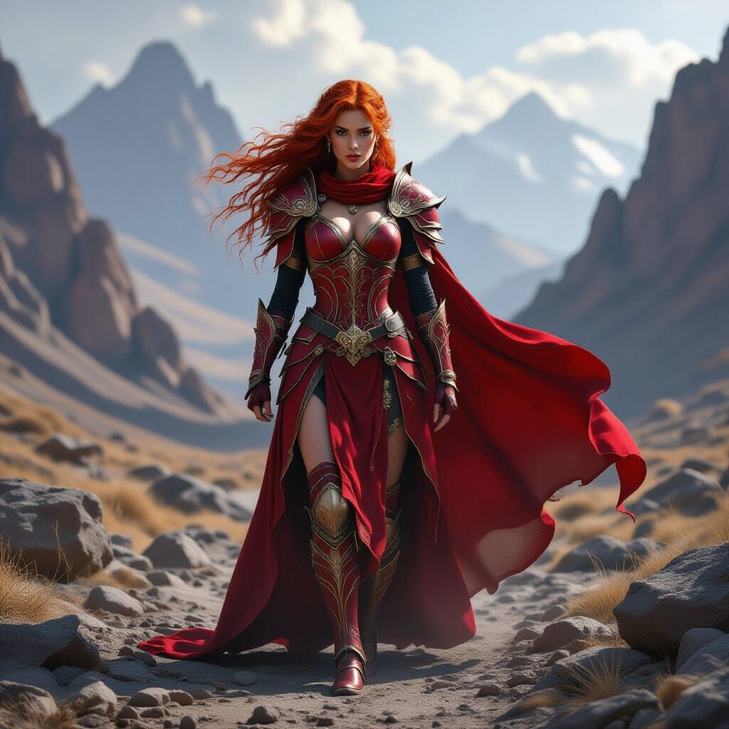 Fiery Haired Warrior in Red Armor, Fantasy Art Style
