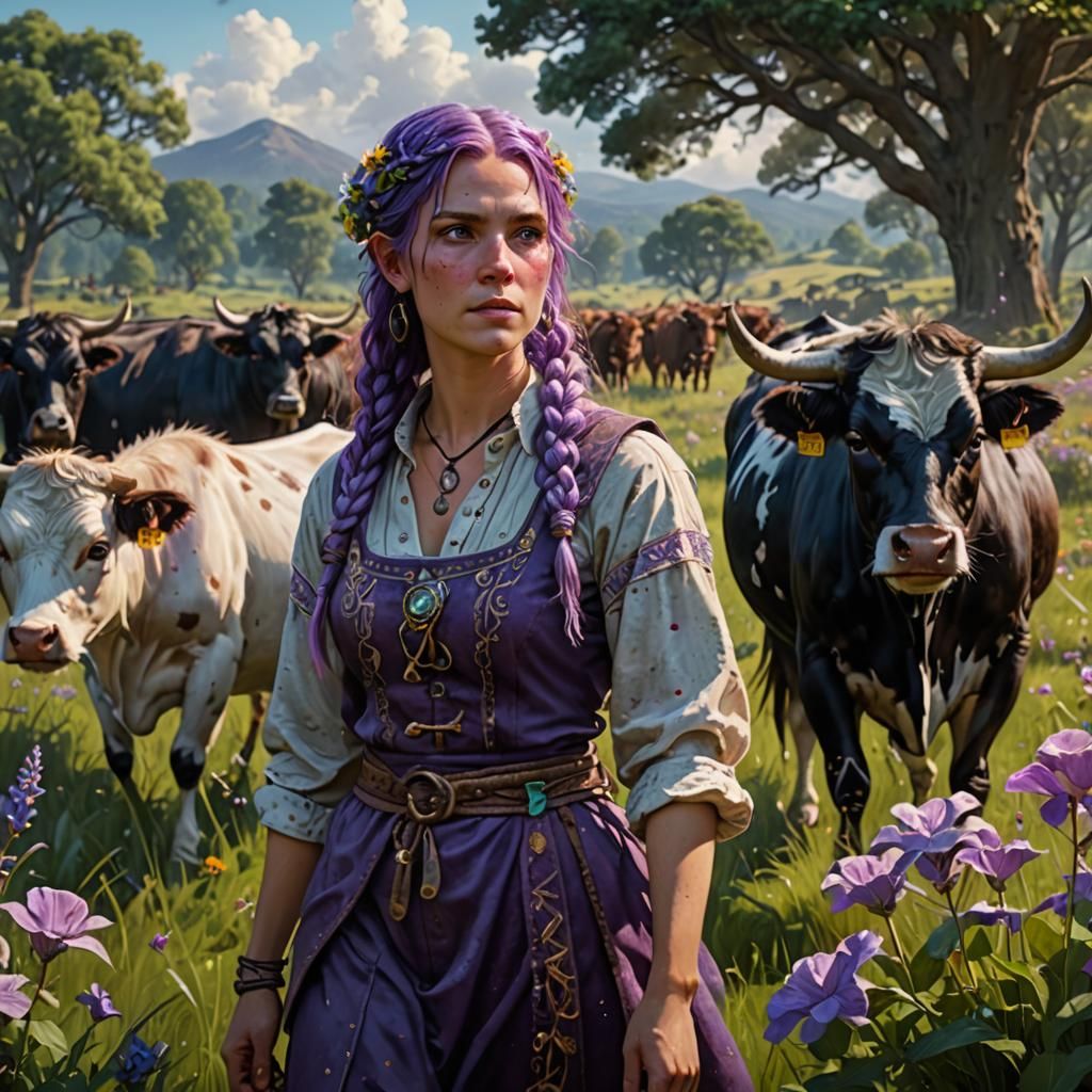 Fantasy Cowherd in Lush Meadow, Oil Painting