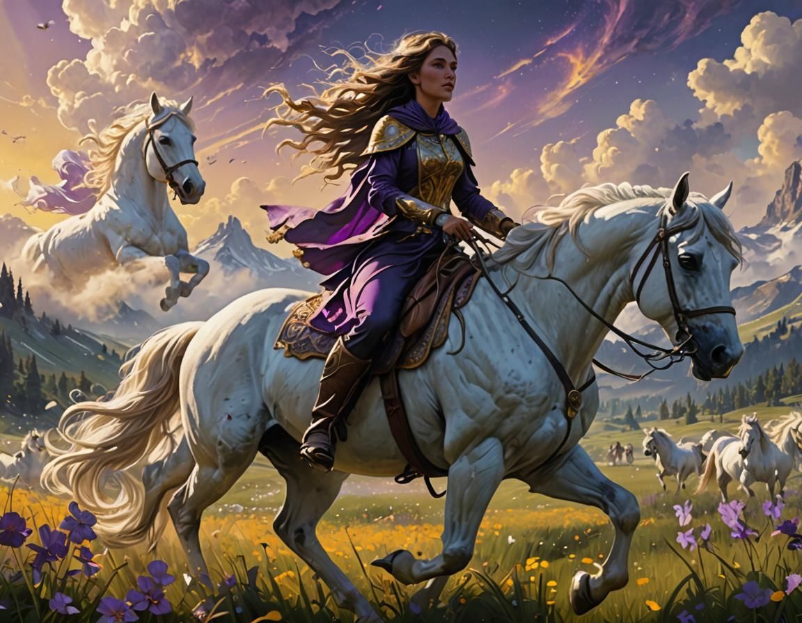Woman on White Horse in Fantasy Meadow