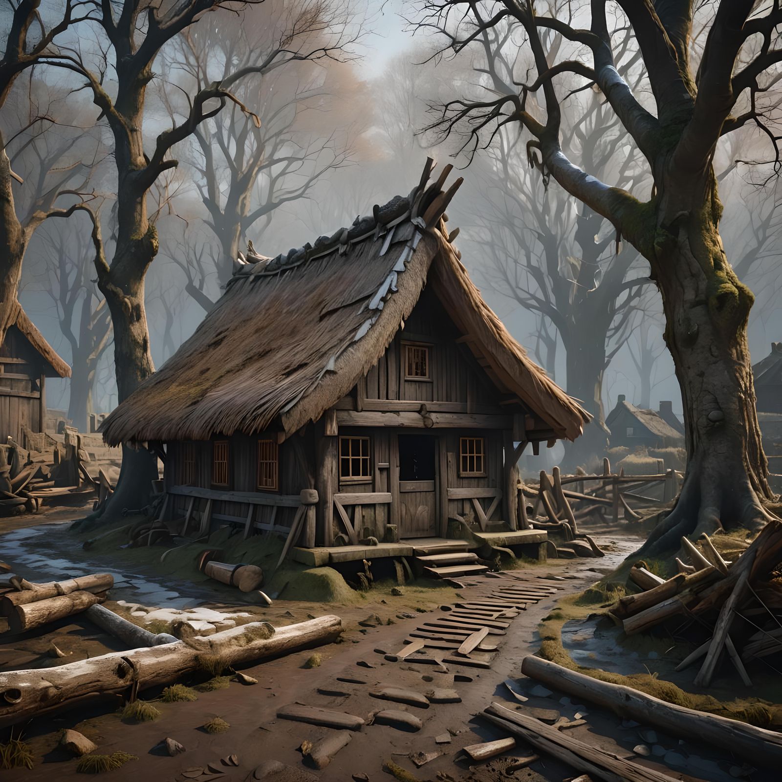 Decaying Ancient Wooden Hall in Winter, Matte Painting