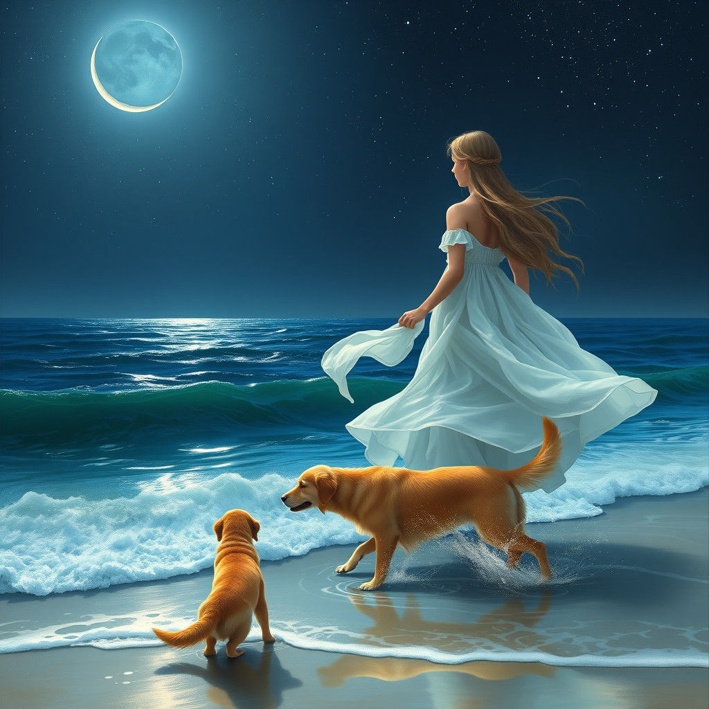 Girl, Dog, and Starry Ocean in Fantasy Art Style