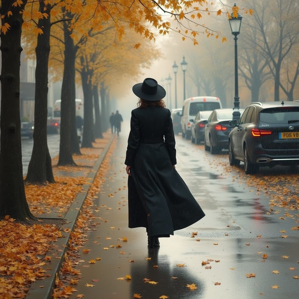 Rainy September Street Scene in Impressionist Style