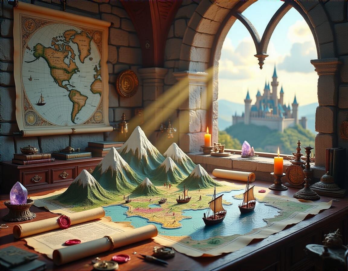 Fantasy Medieval Office with 3D Maps