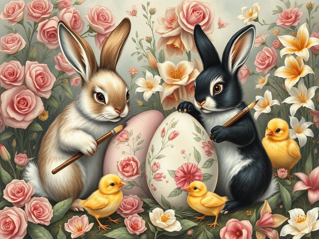 Easter Bunnies Painting Eggs in Whimsical Vintage Style