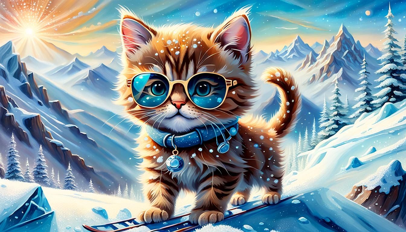 Kitten Skis Icy Mountain in Ethereal Fantasy Style