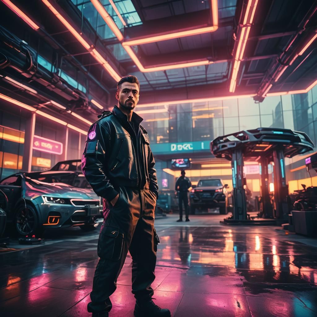 Confident Mechanic in Cyberpunk Sci-Fi Lobby