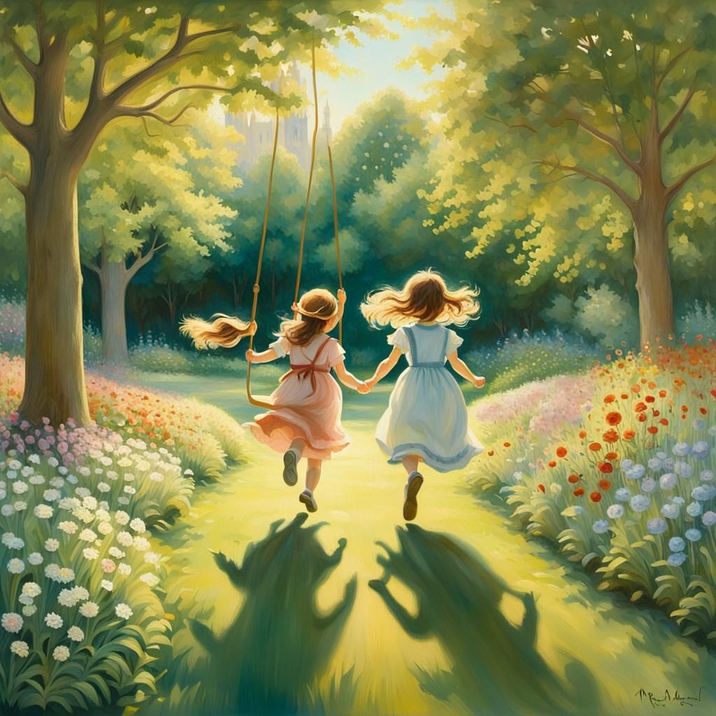 Children's Joy in Sun-Drenched Impressionistic Park