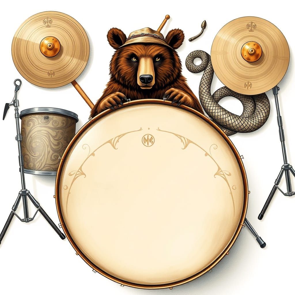 Vintage-Inspired Drum Set Illustration with Bear and Snake