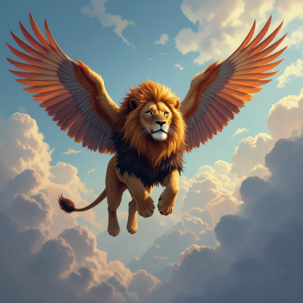 Majestic Winged Lion Soaring in Flight