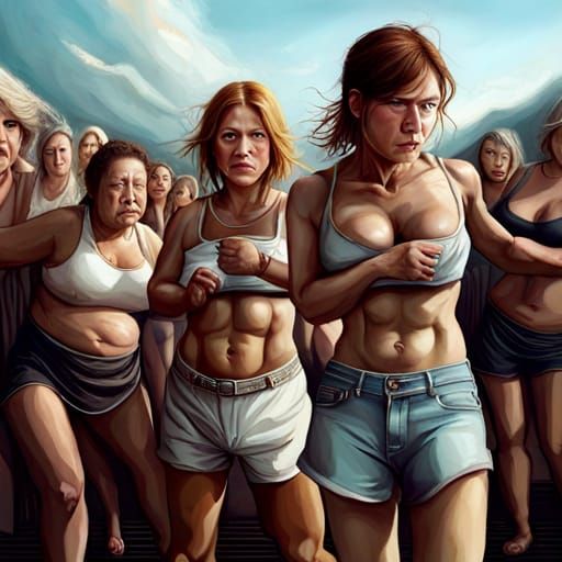 Hyperrealistic Girls' Catfight in Vivid Colors