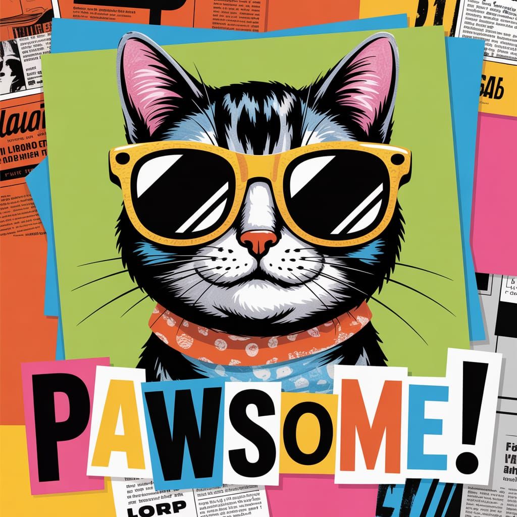 Quirky Cat Collage with Sunglasses and Comic Background
