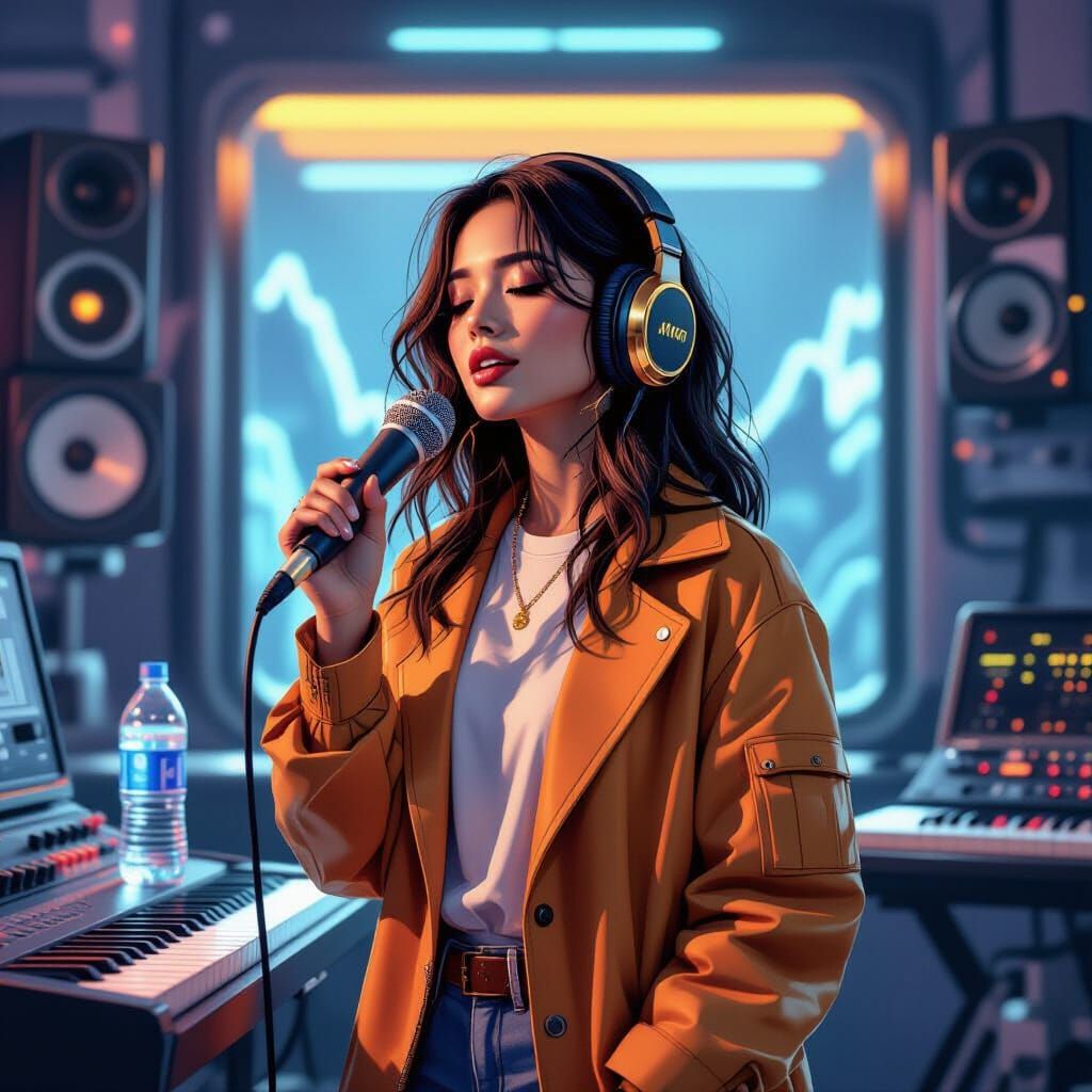 Minah's Sine Wave Song: Futuristic Studio in Neon Style