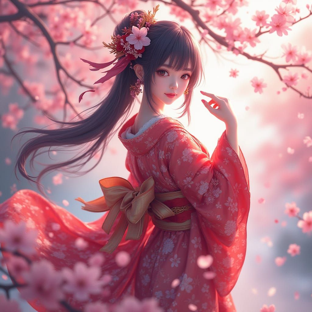 Anime-Inspired Kimono Beauty in Vibrant Cherry Blossom Lands...