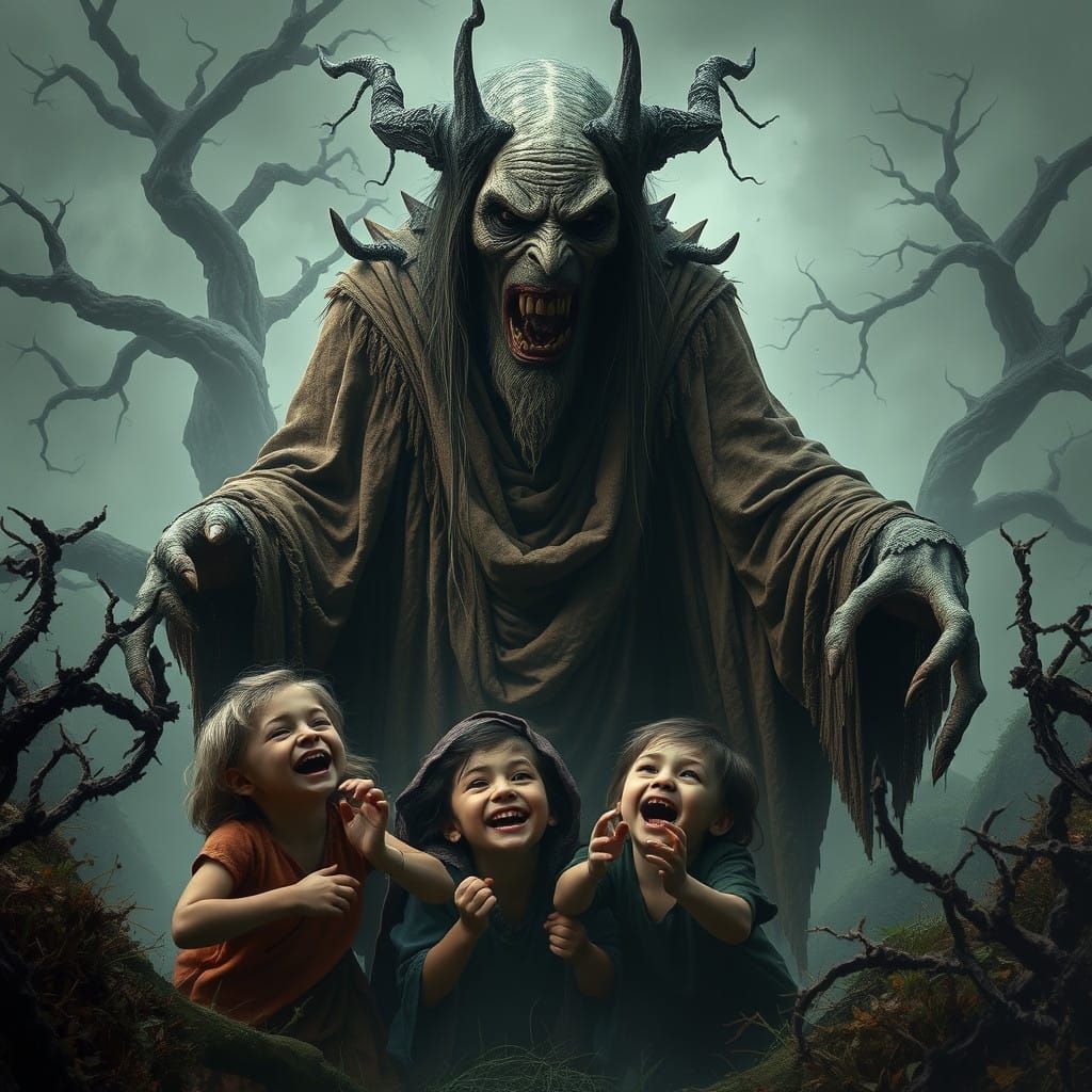 Grotesque Crone Menaces Children in Dark Fantasy Landscape