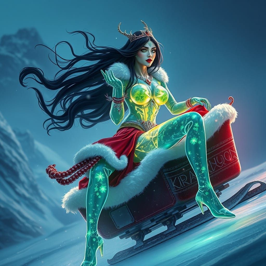 Glass Lady Queen Rides Frosty Vehicle on Snowy Mountain in I...