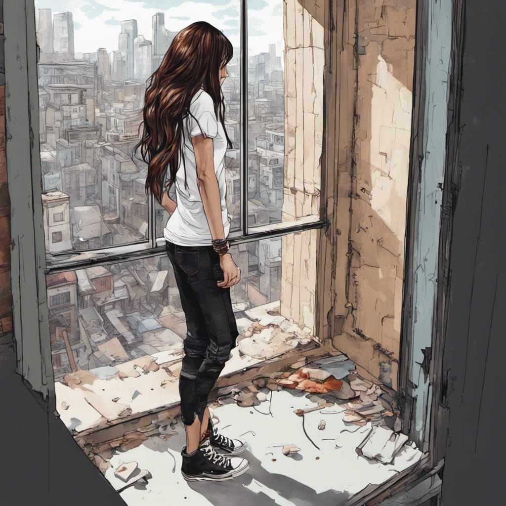 Colorful Haired Woman in Cramped Room, Splash Art