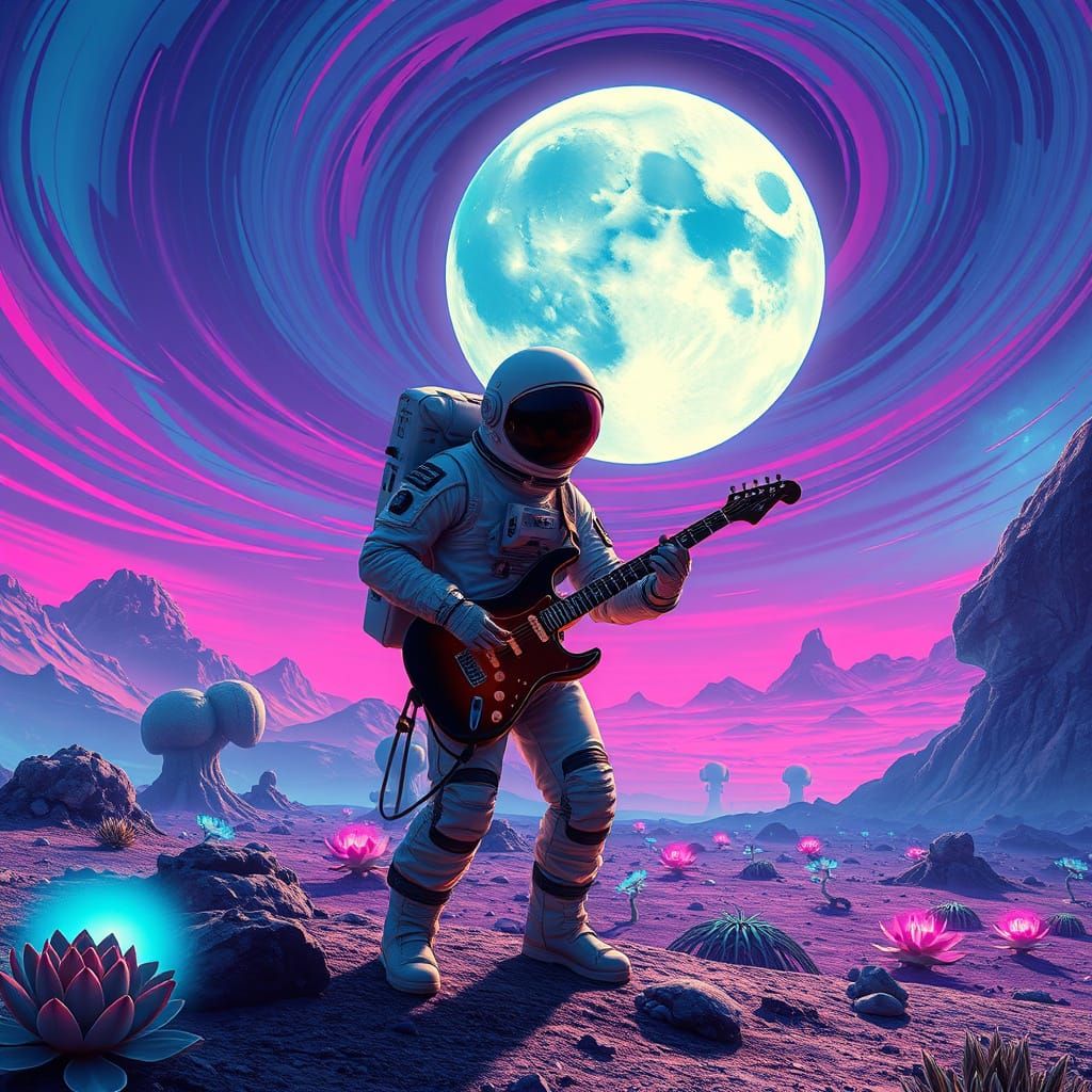 Astronaut Plays Guitar on Alien Planet in Noir Style